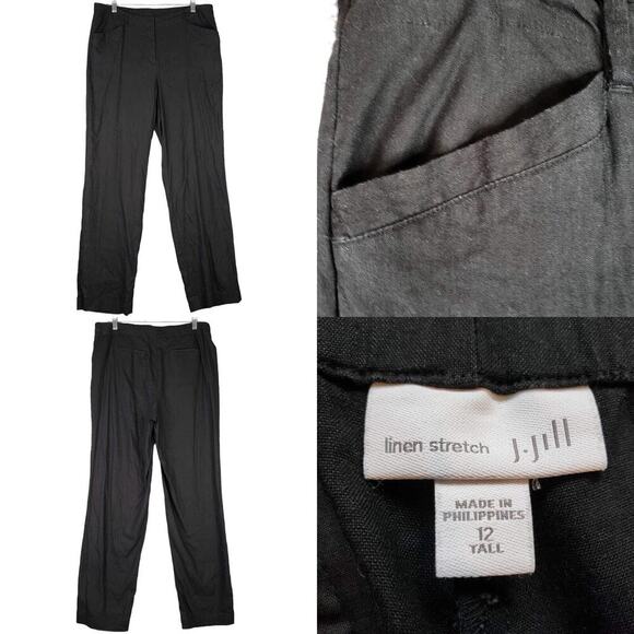 J. Jill Linen Pants Womens Size 12T Tall Black Pull On Lagenlook Straight - Picture 1 of 8